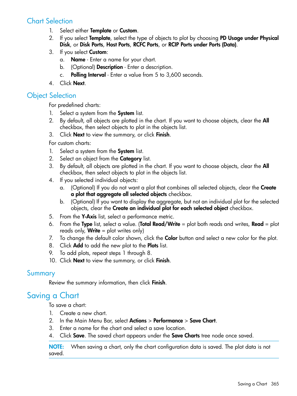 Chart selection, Object selection, Summary | Saving a chart, Chart selection object selection summary | HP 3PAR Operating System Software User Manual | Page 365 / 525