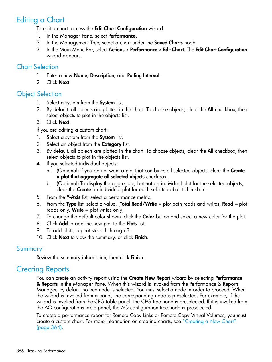 Editing a chart, Chart selection, Object selection | Summary, Creating reports, Chart selection object selection summary | HP 3PAR Operating System Software User Manual | Page 366 / 525