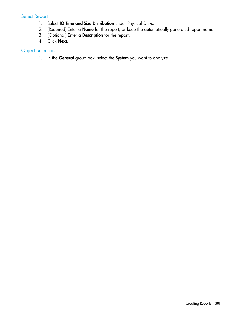 Select report, Object selection, Select report object selection | HP 3PAR Operating System Software User Manual | Page 381 / 525