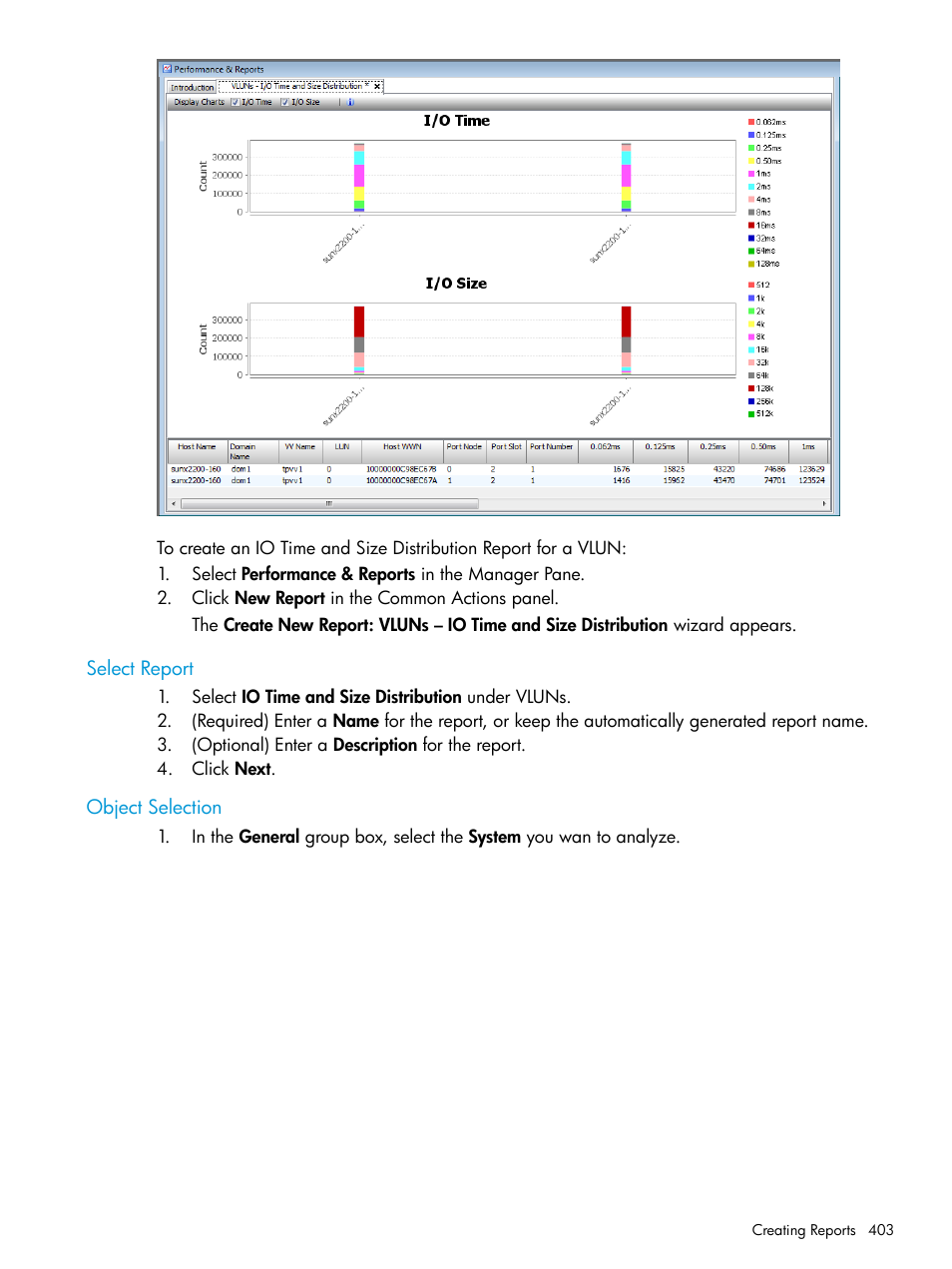 Select report, Object selection, Select report object selection | HP 3PAR Operating System Software User Manual | Page 403 / 525