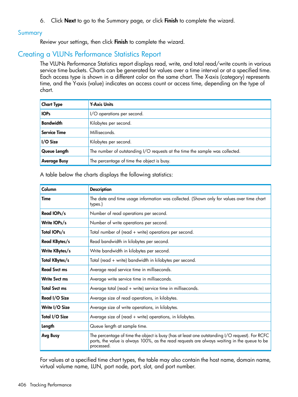 Summary, Creating a vluns performance statistics report | HP 3PAR Operating System Software User Manual | Page 406 / 525