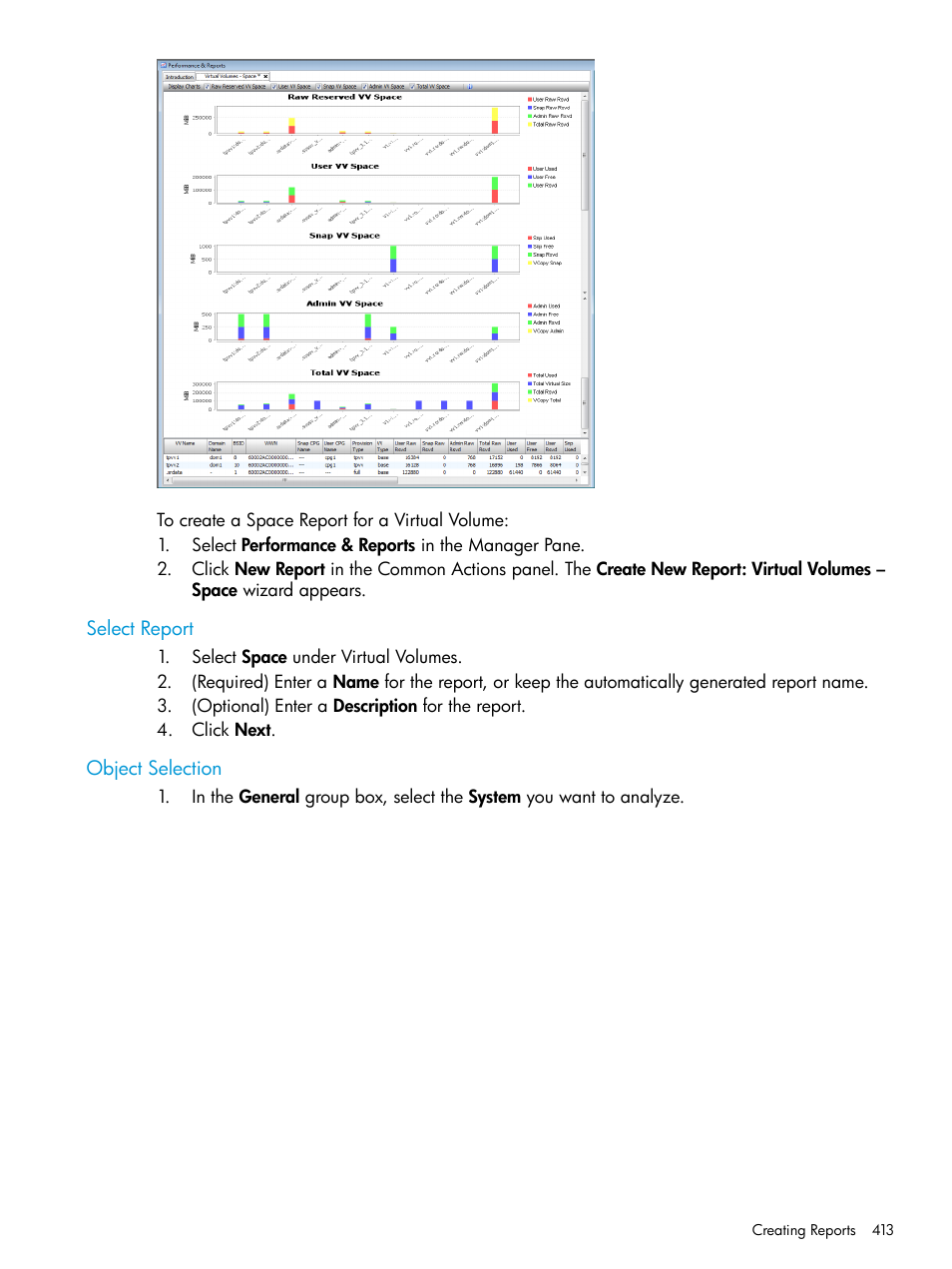 Select report, Object selection, Select report object selection | HP 3PAR Operating System Software User Manual | Page 413 / 525