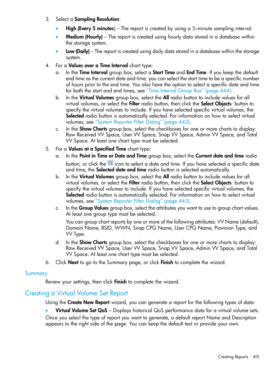 Summary, Creating a virtual volume set report | HP 3PAR Operating System Software User Manual | Page 415 / 525