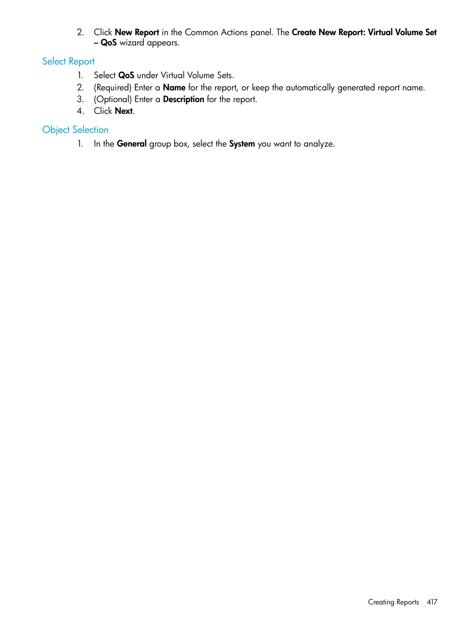 Select report, Object selection, Select report object selection | HP 3PAR Operating System Software User Manual | Page 417 / 525