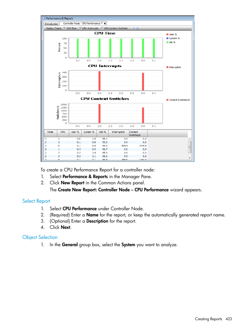 Select report, Object selection, Select report object selection | HP 3PAR Operating System Software User Manual | Page 423 / 525