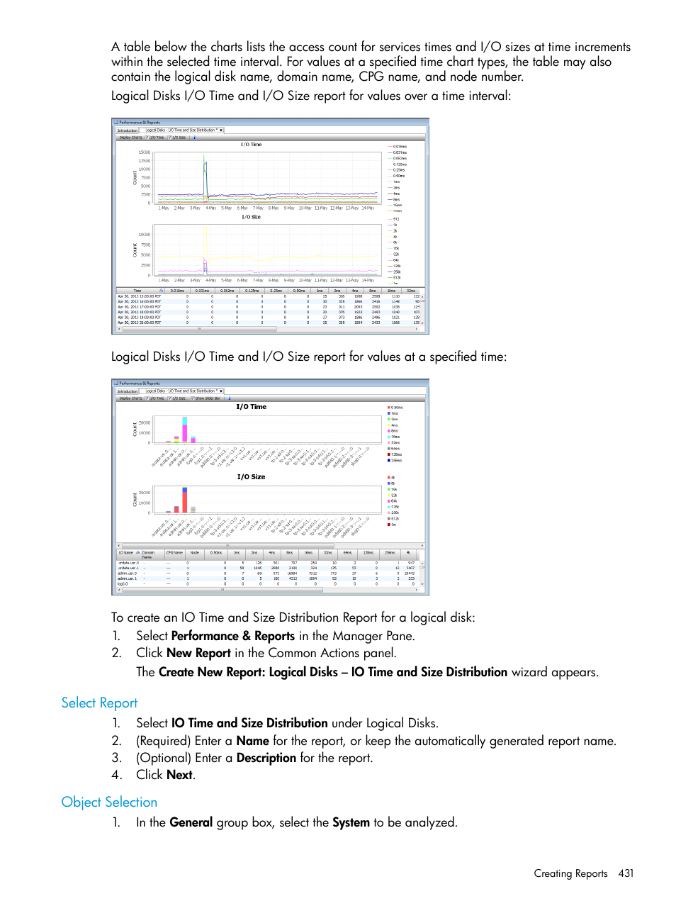 Select report, Object selection, Select report object selection | HP 3PAR Operating System Software User Manual | Page 431 / 525