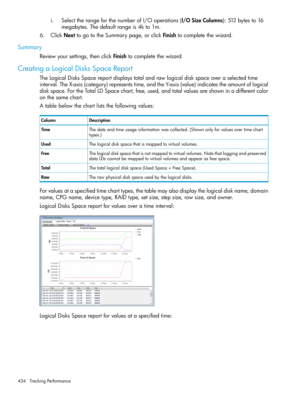 Summary, Creating a logical disks space report | HP 3PAR Operating System Software User Manual | Page 434 / 525