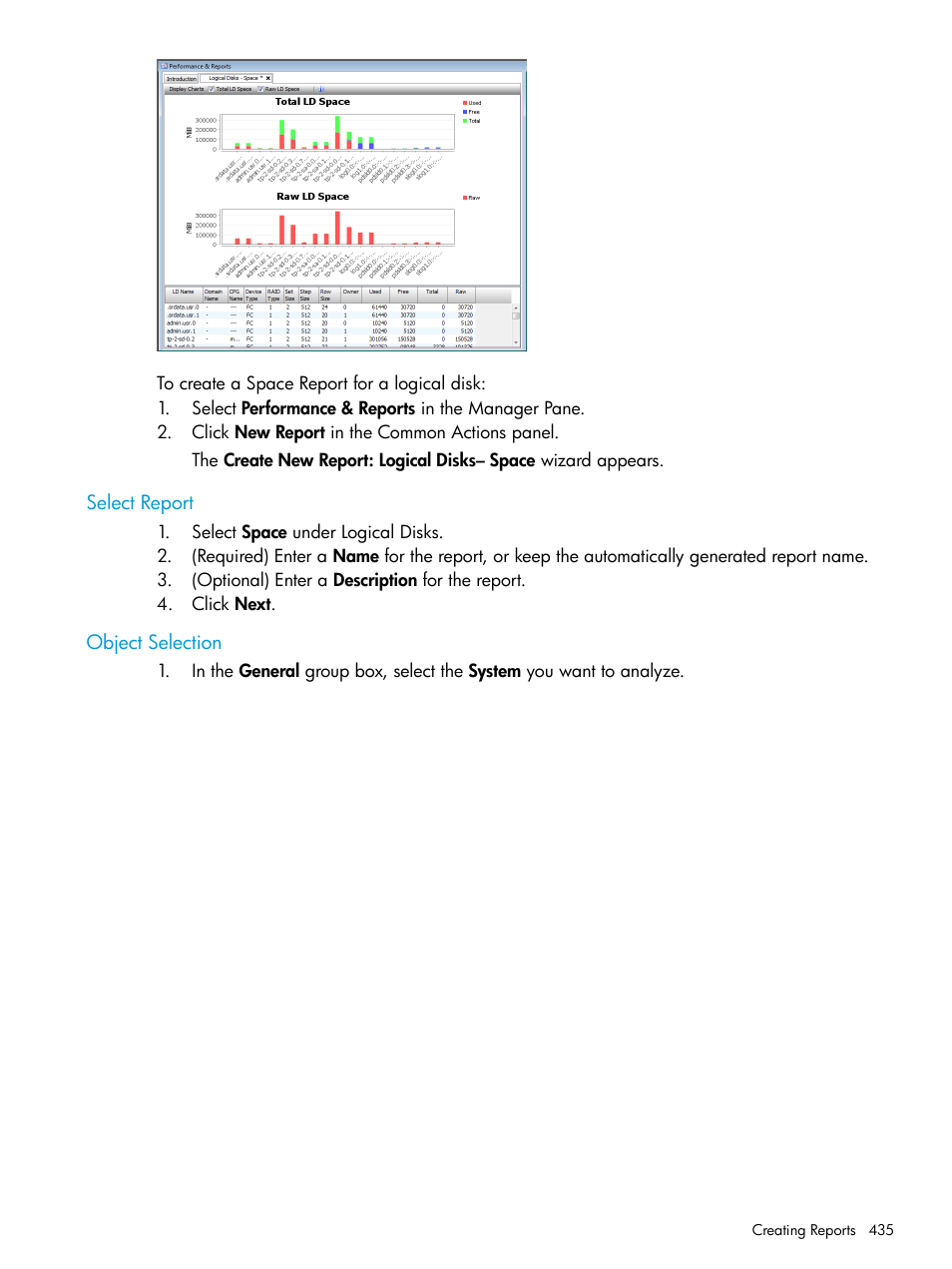 Select report, Object selection, Select report object selection | HP 3PAR Operating System Software User Manual | Page 435 / 525
