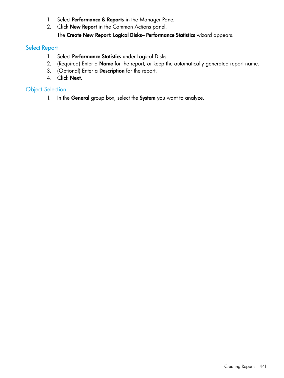 Select report, Object selection, Select report object selection | HP 3PAR Operating System Software User Manual | Page 441 / 525