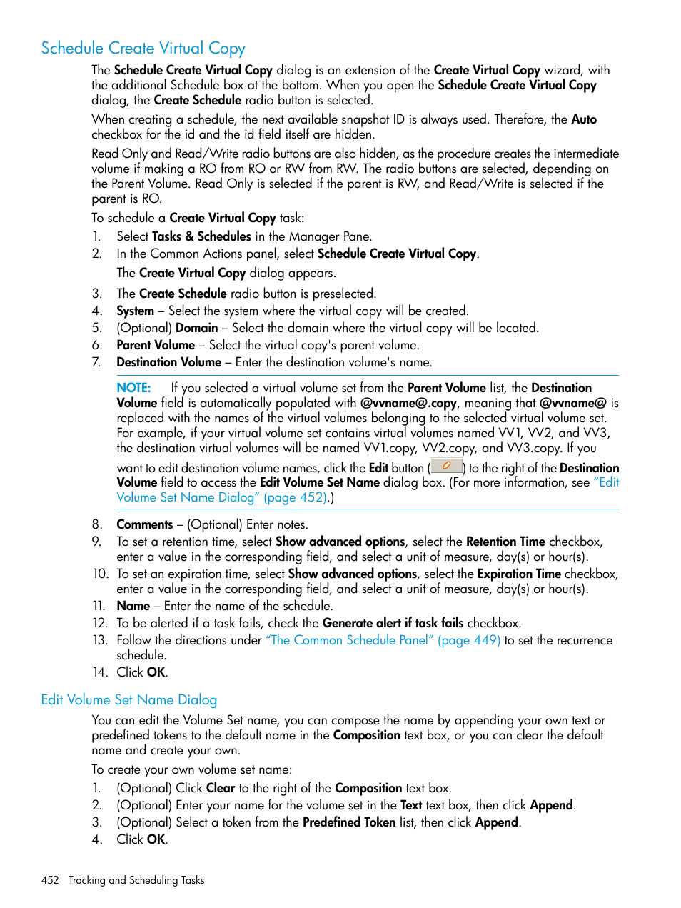 Schedule create virtual copy, Edit volume set name dialog | HP 3PAR Operating System Software User Manual | Page 452 / 525