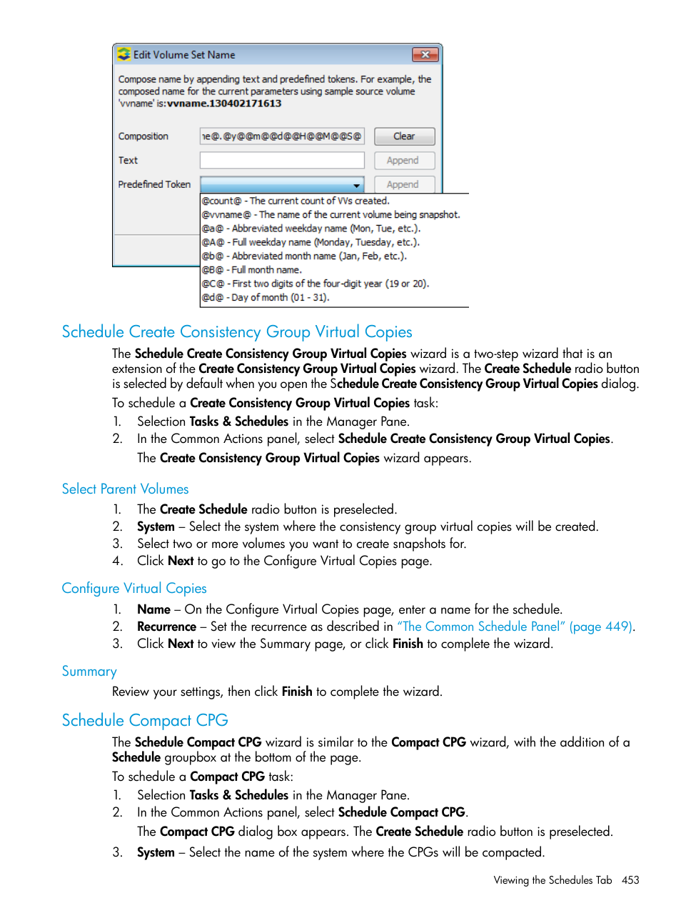 Schedule create consistency group virtual copies, Select parent volumes, Configure virtual copies | Summary, Schedule compact cpg, Schedule create consistency group | HP 3PAR Operating System Software User Manual | Page 453 / 525