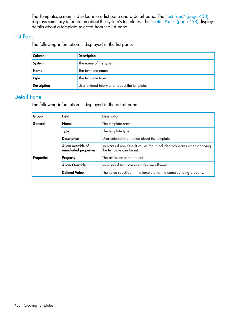 List pane, Detail pane, List pane detail pane | HP 3PAR Operating System Software User Manual | Page 458 / 525
