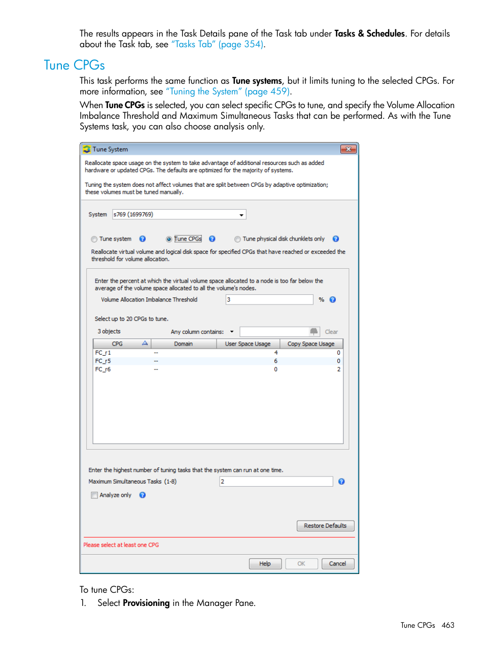 Tune cpgs | HP 3PAR Operating System Software User Manual | Page 463 / 525