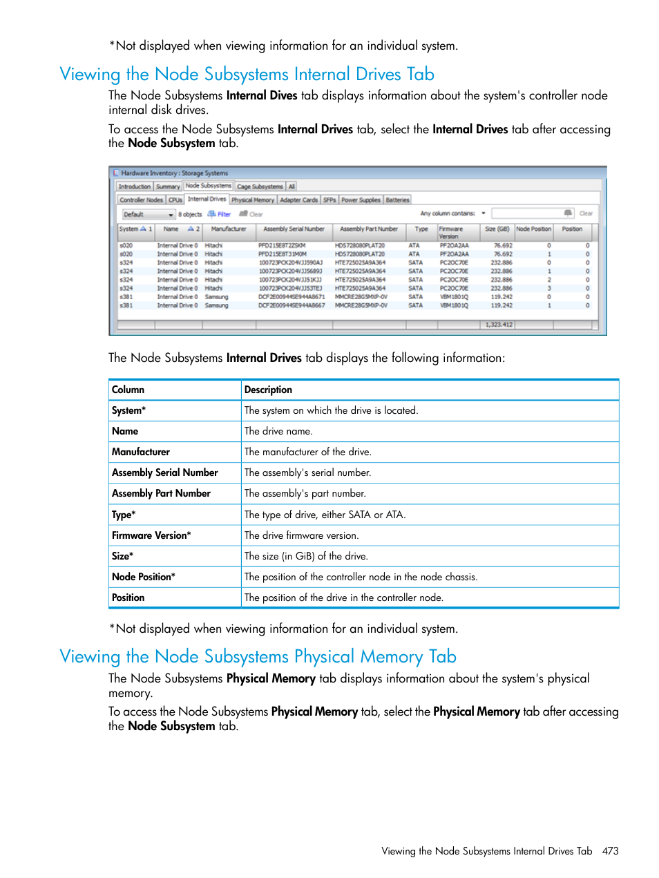 Viewing the node subsystems internal drives tab, Viewing the node subsystems physical memory tab | HP 3PAR Operating System Software User Manual | Page 473 / 525
