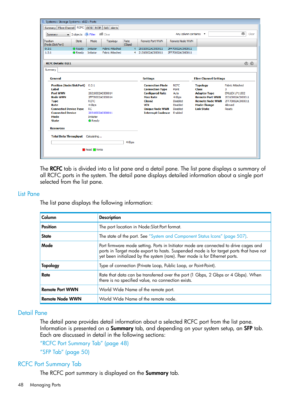 List pane, Detail pane, Rcfc port summary tab | List pane detail pane | HP 3PAR Operating System Software User Manual | Page 48 / 525