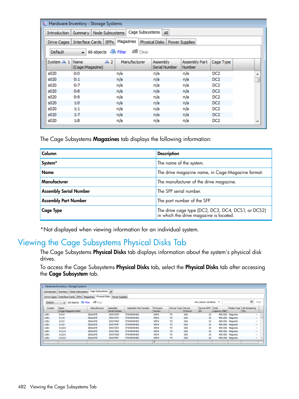 Viewing the cage subsystems physical disks tab | HP 3PAR Operating System Software User Manual | Page 482 / 525