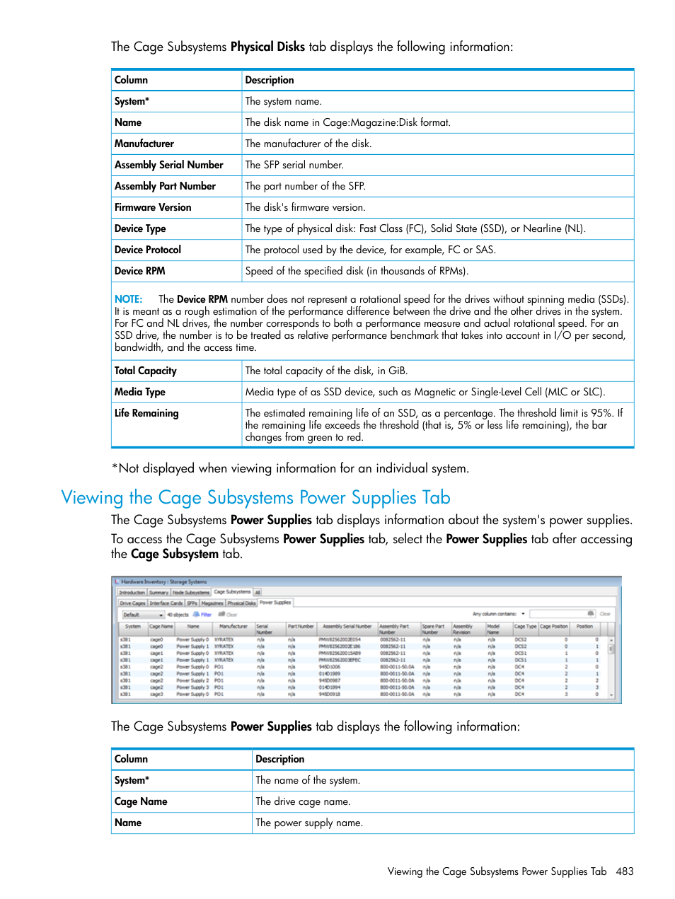 Viewing the cage subsystems power supplies tab | HP 3PAR Operating System Software User Manual | Page 483 / 525