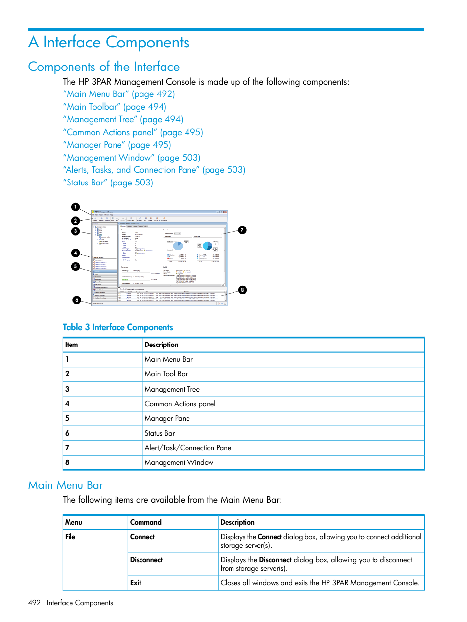 A interface components, Components of the interface, Main menu bar | HP 3PAR Operating System Software User Manual | Page 492 / 525