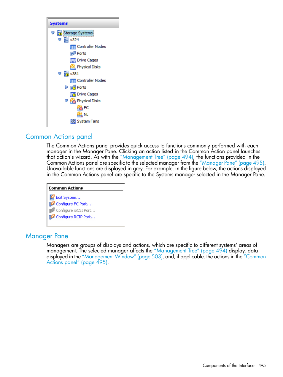 Common actions panel, Manager pane, Common actions panel manager pane | HP 3PAR Operating System Software User Manual | Page 495 / 525