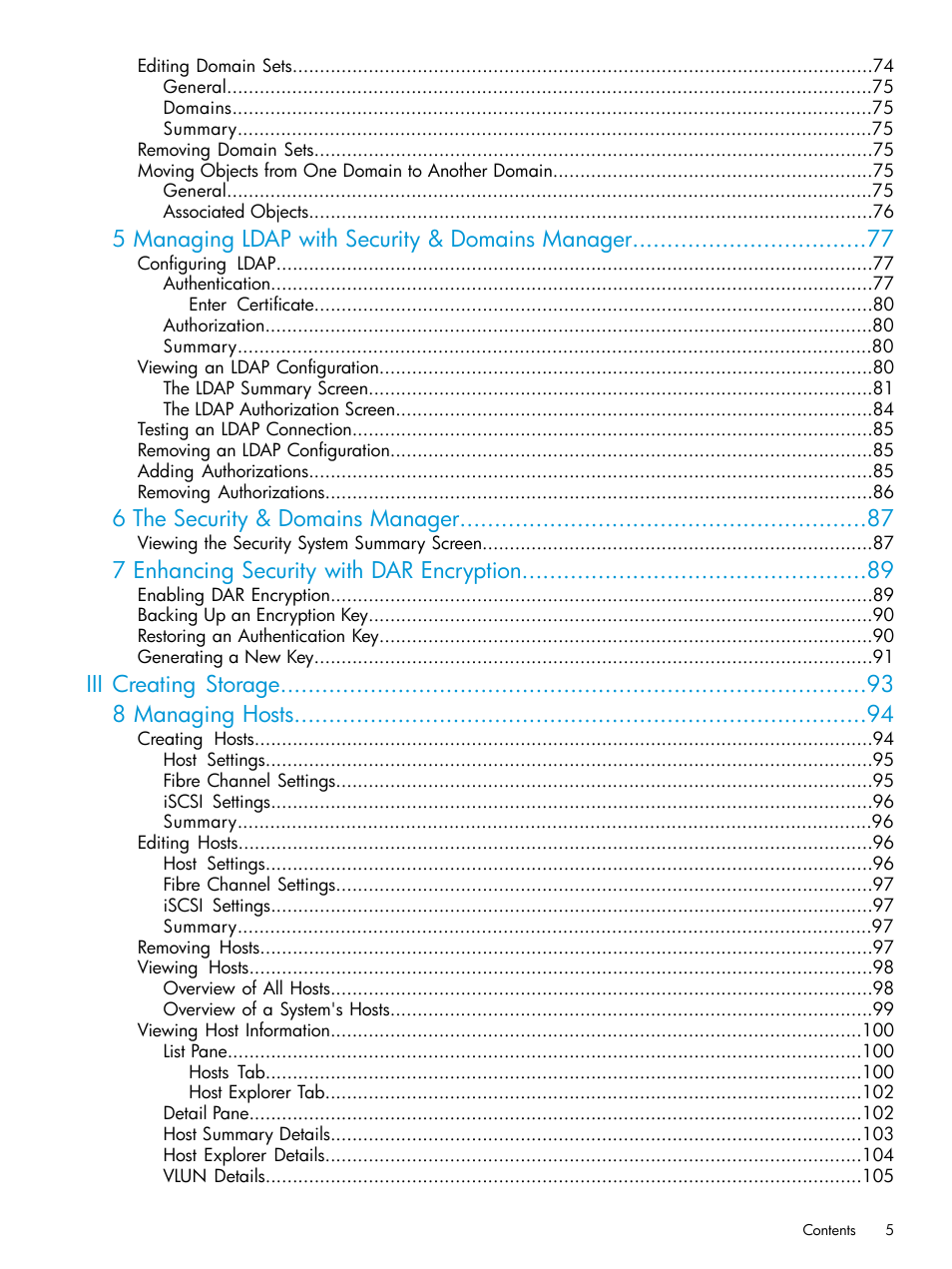 5 managing ldap with security & domains manager, 6 the security & domains manager, 7 enhancing security with dar encryption | Iii creating storage 8 managing hosts | HP 3PAR Operating System Software User Manual | Page 5 / 525