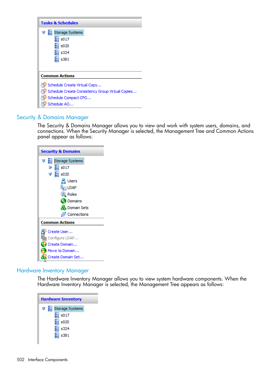 Security & domains manager, Hardware inventory manager | HP 3PAR Operating System Software User Manual | Page 502 / 525