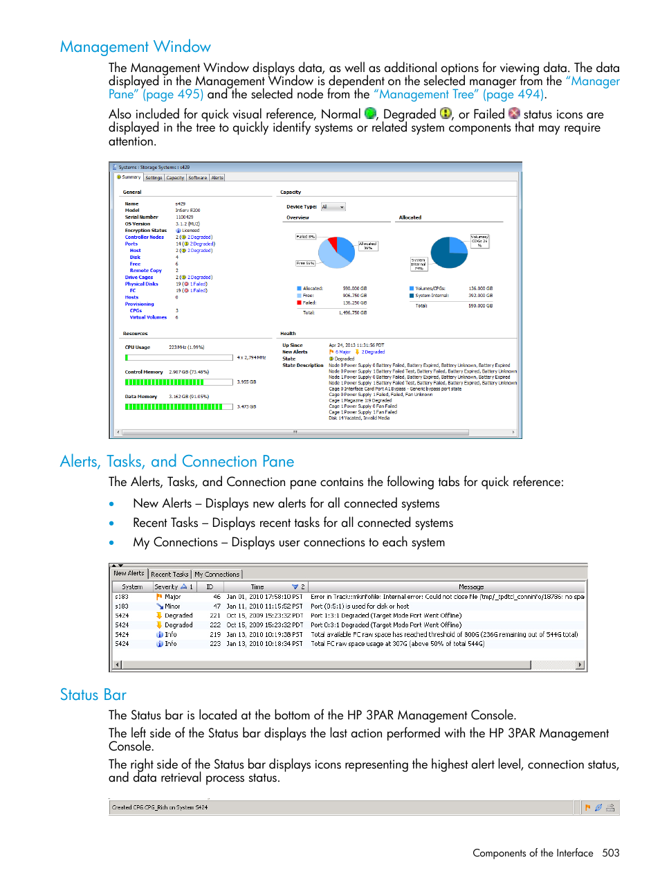 Management window, Alerts, tasks, and connection pane, Status bar | Alerts, tasks, and, Alerts, Alerts, tasks | HP 3PAR Operating System Software User Manual | Page 503 / 525