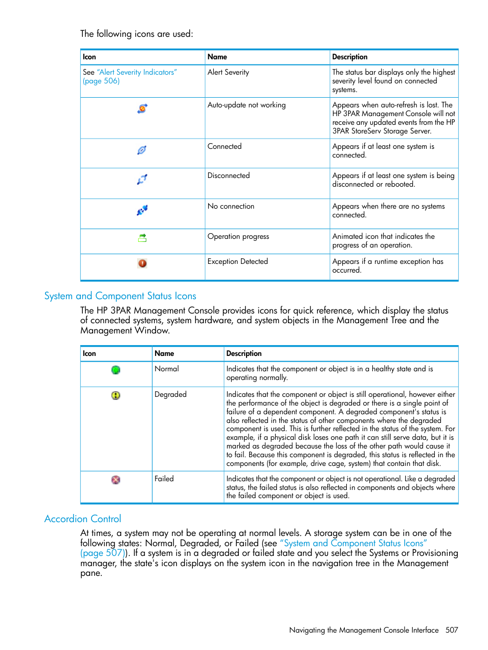 System and component status icons, Accordion control, System and component | System, System and, System and component status | HP 3PAR Operating System Software User Manual | Page 507 / 525
