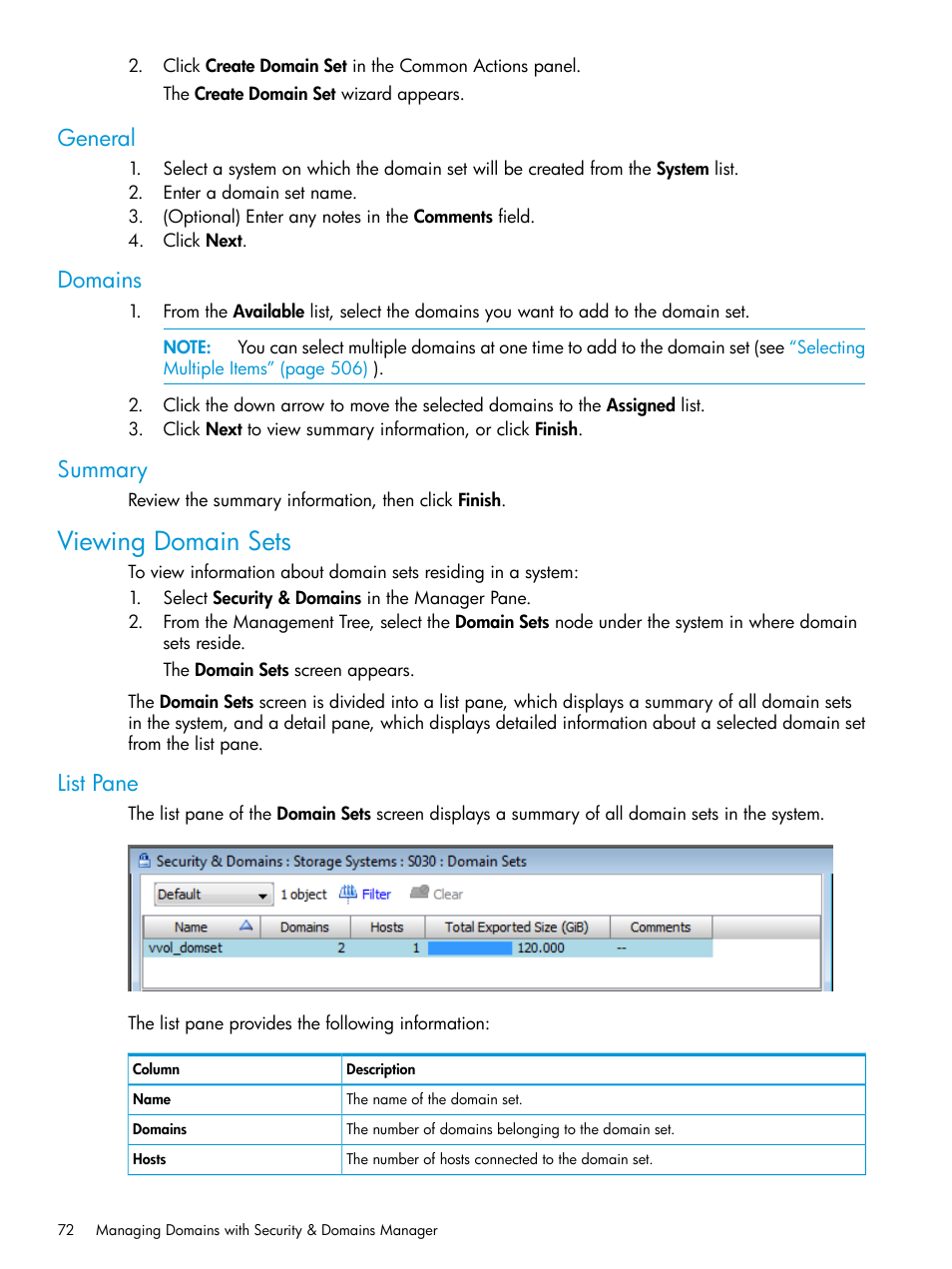 General, Domains, Summary | Viewing domain sets, List pane, General domains summary | HP 3PAR Operating System Software User Manual | Page 72 / 525