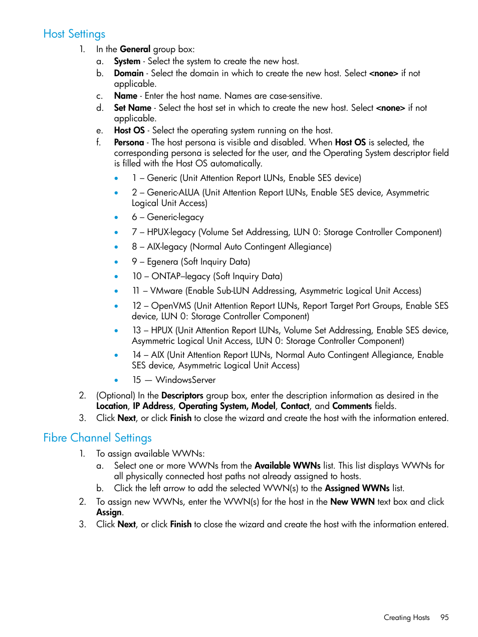 Host settings, Fibre channel settings, Host settings fibre channel settings | HP 3PAR Operating System Software User Manual | Page 95 / 525