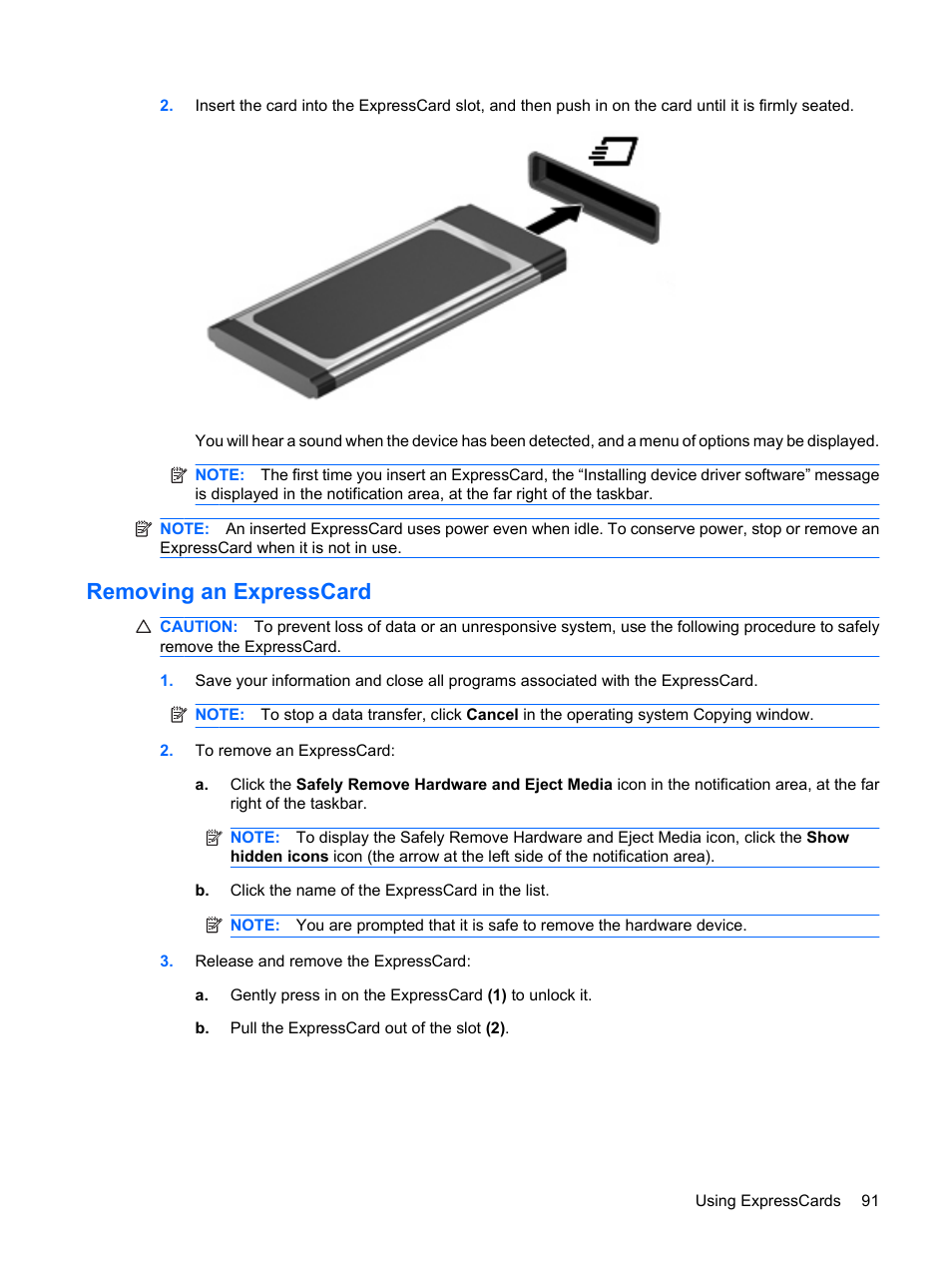 Removing an expresscard | HP Pavilion dv3-2202tu Entertainment Notebook PC User Manual | Page 101 / 138