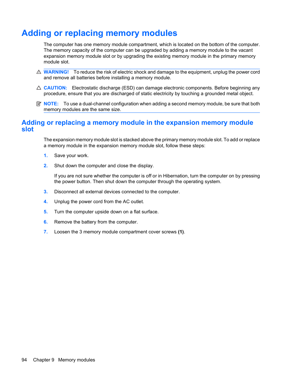 Adding or replacing memory modules | HP Pavilion dv3-2202tu Entertainment Notebook PC User Manual | Page 104 / 138