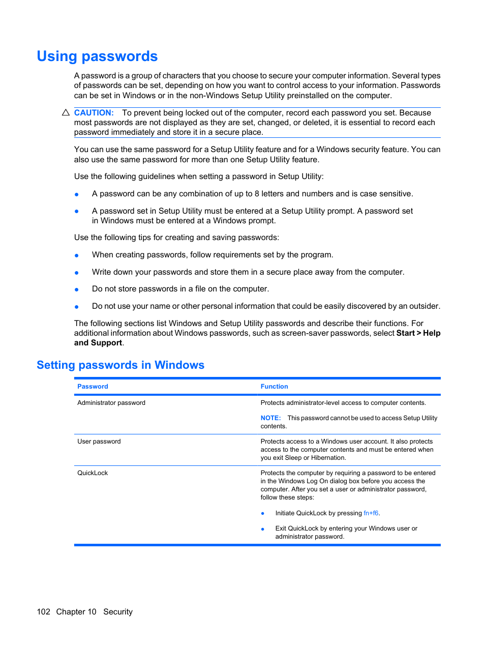 Using passwords, Setting passwords in windows | HP Pavilion dv3-2202tu Entertainment Notebook PC User Manual | Page 112 / 138