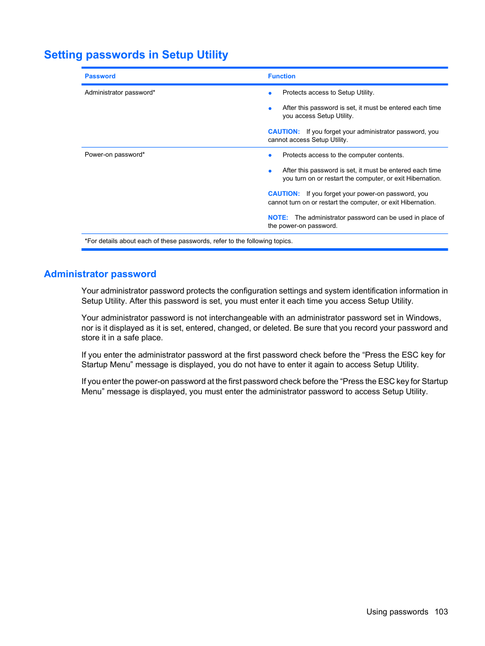 Setting passwords in setup utility, Administrator password | HP Pavilion dv3-2202tu Entertainment Notebook PC User Manual | Page 113 / 138