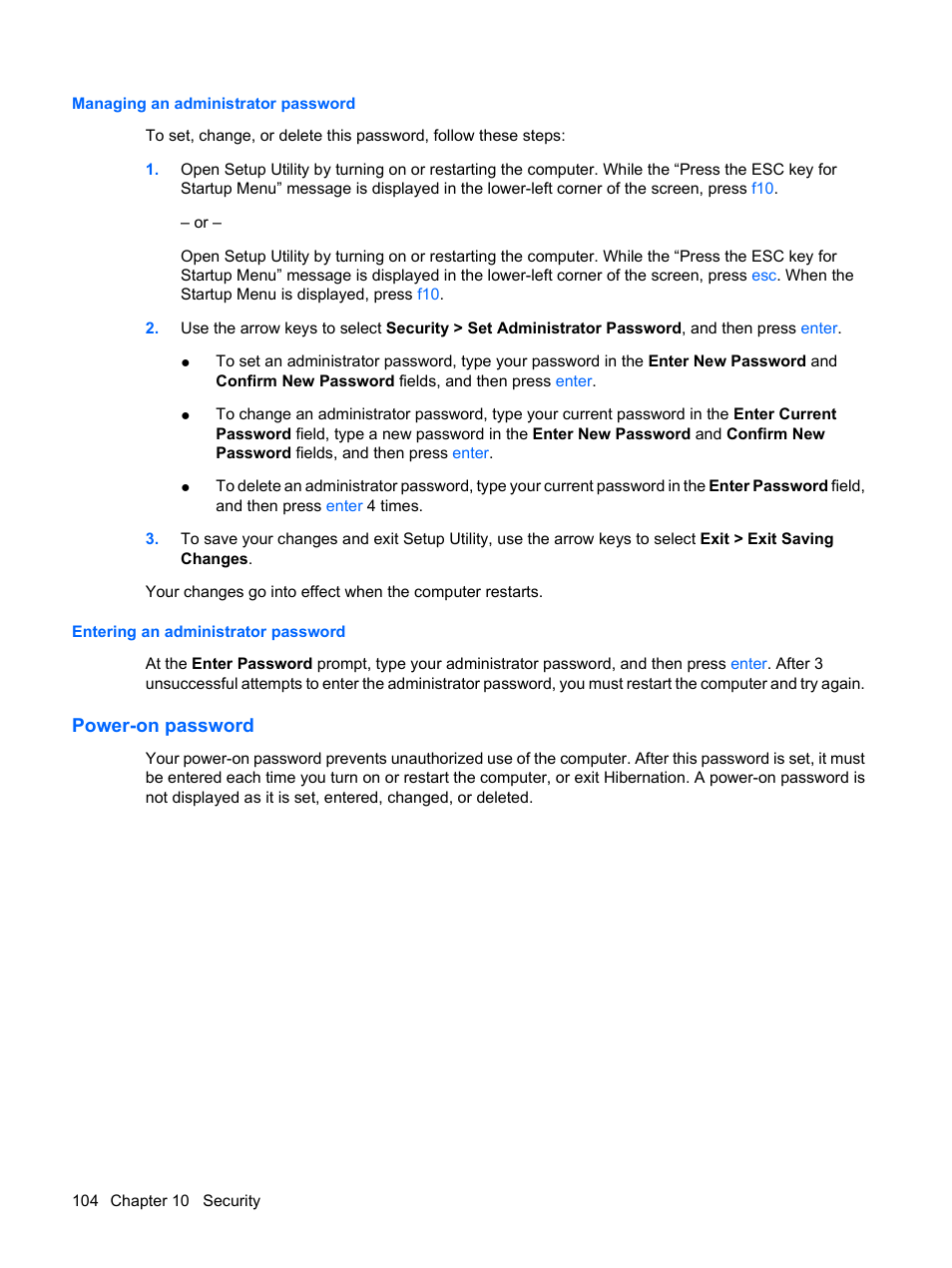 Managing an administrator password, Entering an administrator password, Power-on password | HP Pavilion dv3-2202tu Entertainment Notebook PC User Manual | Page 114 / 138