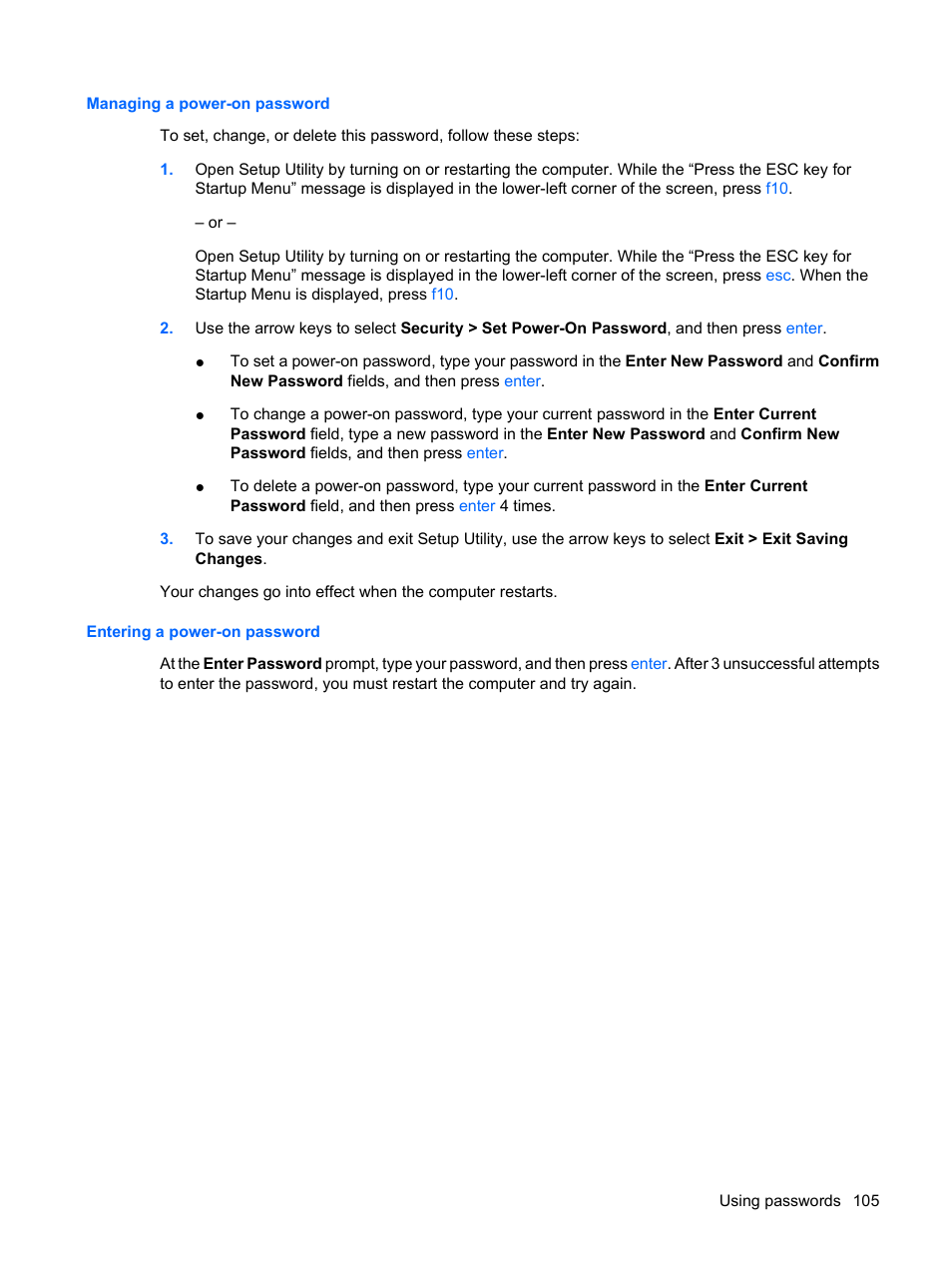 Managing a power-on password, Entering a power-on password | HP Pavilion dv3-2202tu Entertainment Notebook PC User Manual | Page 115 / 138