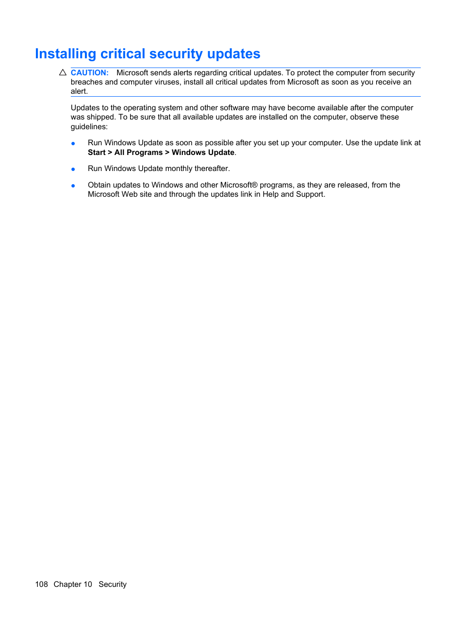 Installing critical security updates | HP Pavilion dv3-2202tu Entertainment Notebook PC User Manual | Page 118 / 138