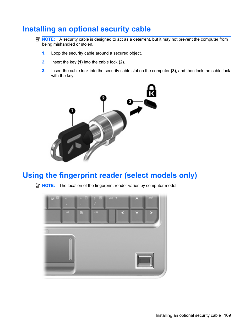 Installing an optional security cable, Using the fingerprint reader (select models only) | HP Pavilion dv3-2202tu Entertainment Notebook PC User Manual | Page 119 / 138