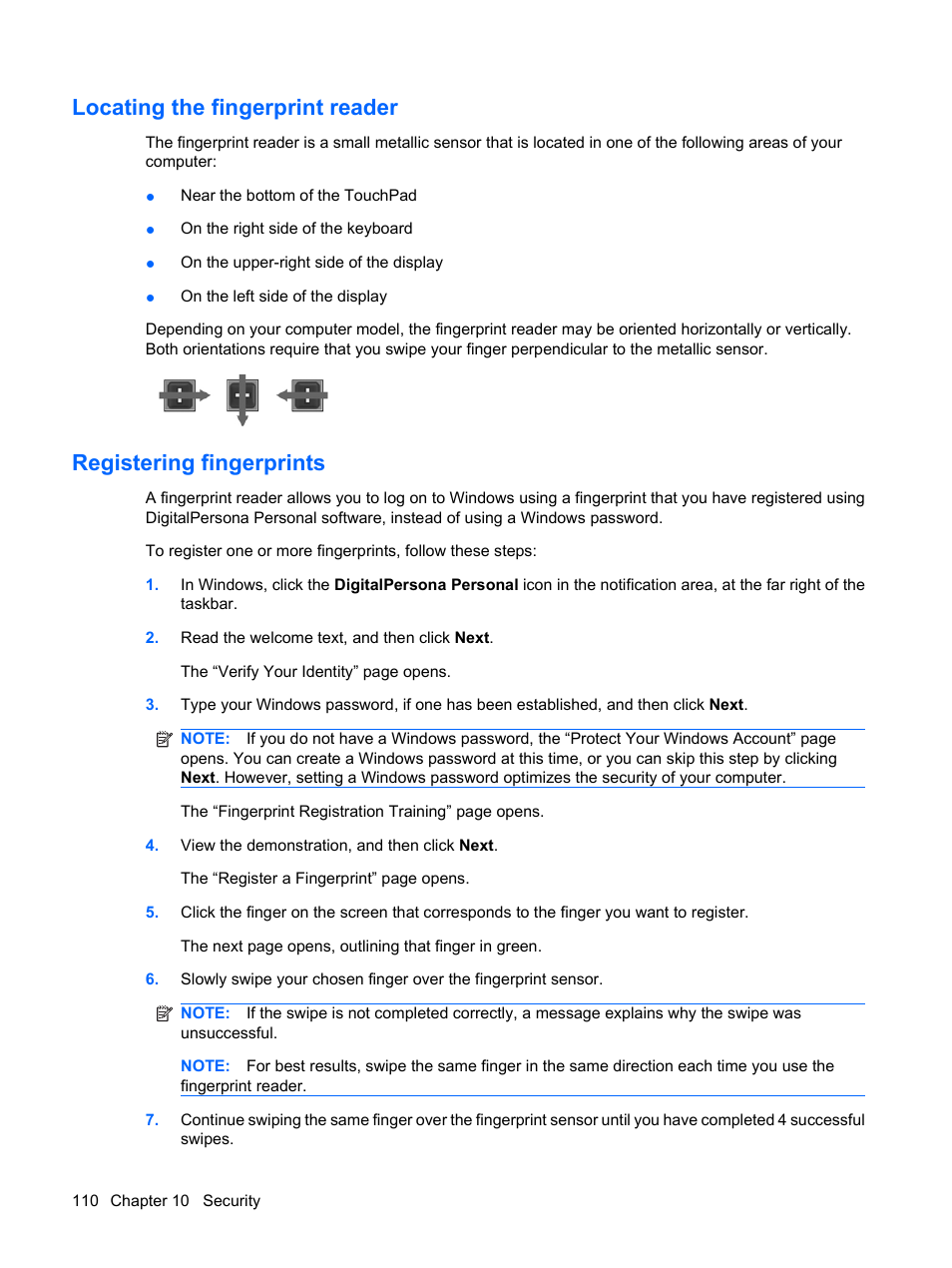 Locating the fingerprint reader, Registering fingerprints | HP Pavilion dv3-2202tu Entertainment Notebook PC User Manual | Page 120 / 138