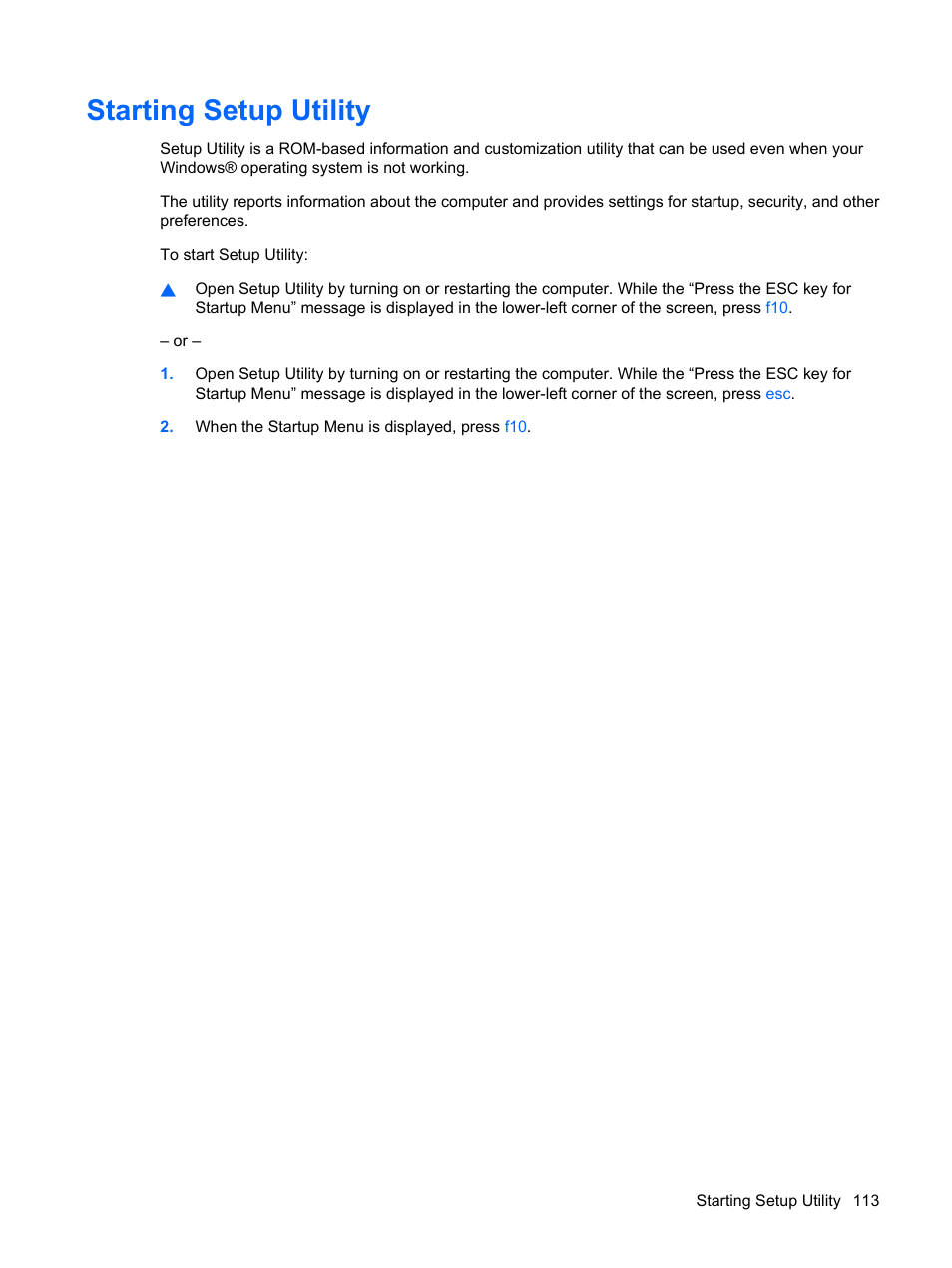 Starting setup utility | HP Pavilion dv3-2202tu Entertainment Notebook PC User Manual | Page 123 / 138