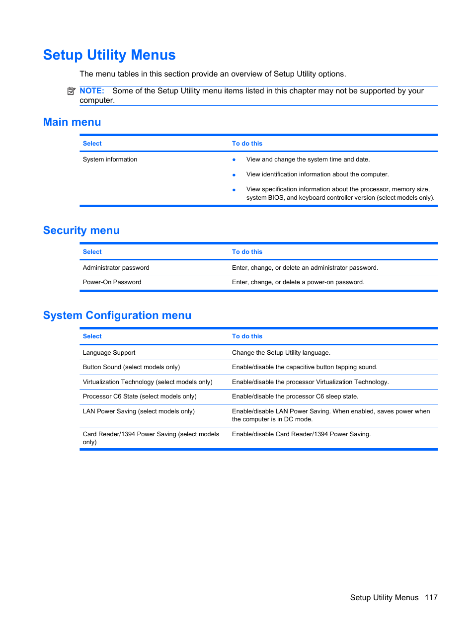 Setup utility menus, Main menu, Security menu | System configuration menu, Main menu security menu system configuration menu | HP Pavilion dv3-2202tu Entertainment Notebook PC User Manual | Page 127 / 138