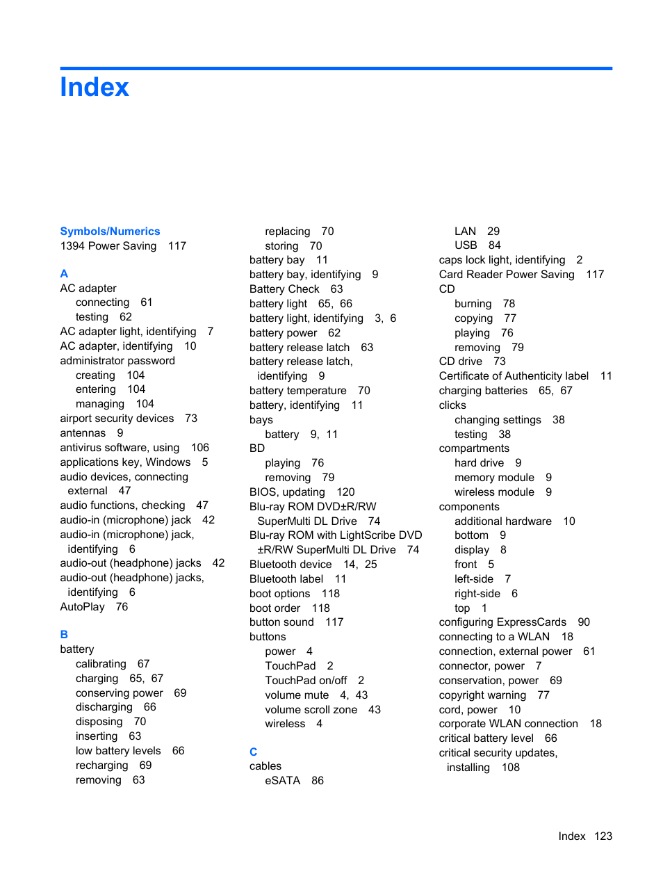 Index | HP Pavilion dv3-2202tu Entertainment Notebook PC User Manual | Page 133 / 138