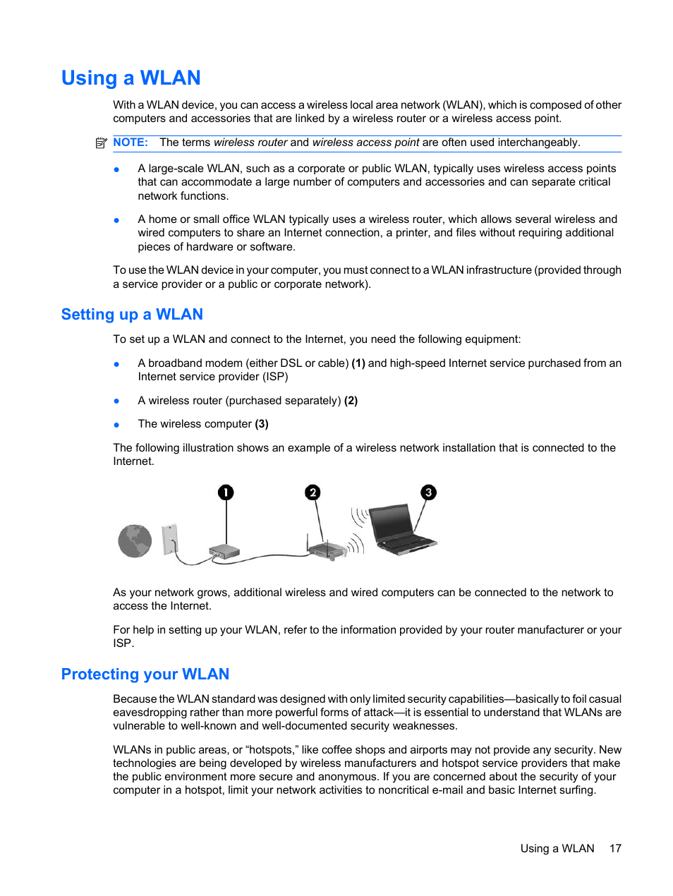 Using a wlan, Setting up a wlan, Protecting your wlan | Setting up a wlan protecting your wlan | HP Pavilion dv3-2202tu Entertainment Notebook PC User Manual | Page 27 / 138