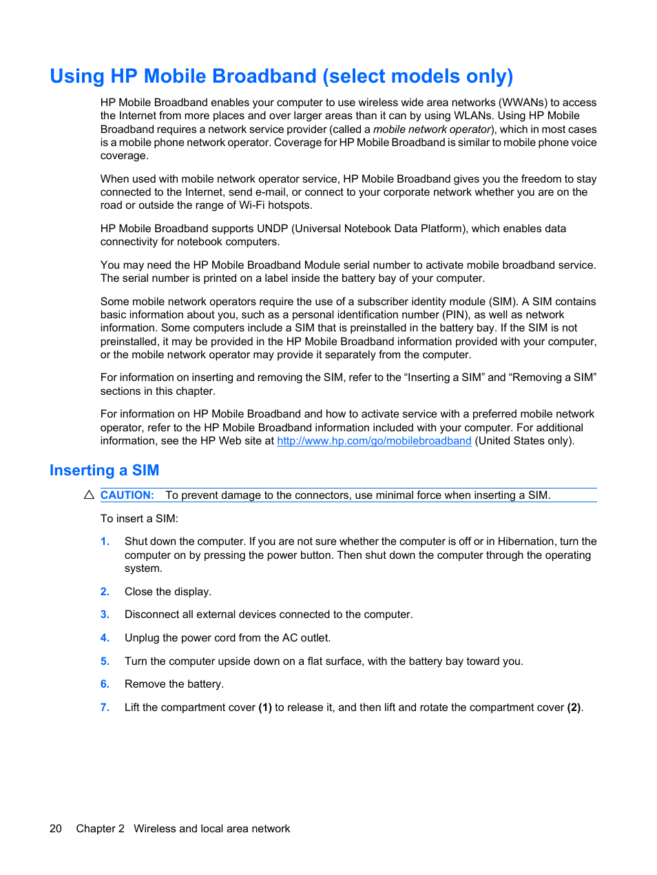 Using hp mobile broadband (select models only), Inserting a sim | HP Pavilion dv3-2202tu Entertainment Notebook PC User Manual | Page 30 / 138