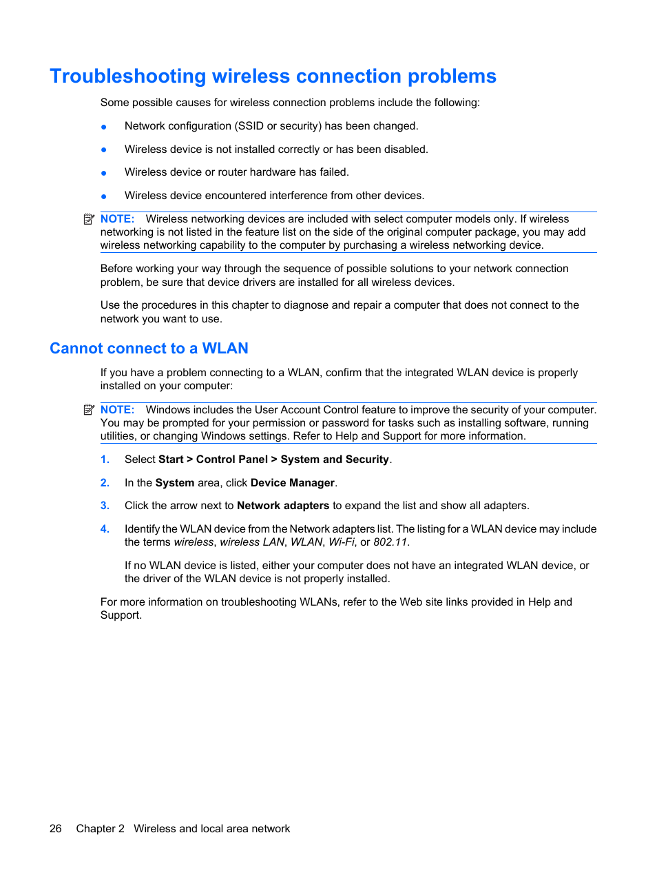 Troubleshooting wireless connection problems, Cannot connect to a wlan | HP Pavilion dv3-2202tu Entertainment Notebook PC User Manual | Page 36 / 138