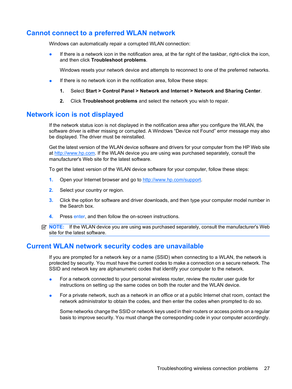 Cannot connect to a preferred wlan network, Network icon is not displayed | HP Pavilion dv3-2202tu Entertainment Notebook PC User Manual | Page 37 / 138