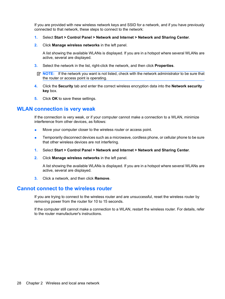 Wlan connection is very weak, Cannot connect to the wireless router | HP Pavilion dv3-2202tu Entertainment Notebook PC User Manual | Page 38 / 138