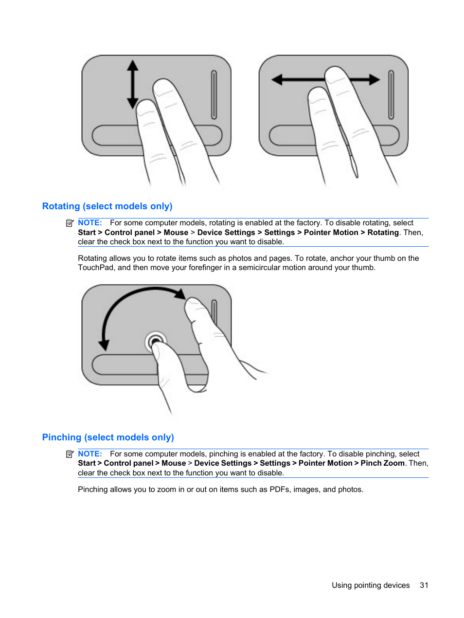 Rotating (select models only), Pinching (select models only) | HP Pavilion dv3-2202tu Entertainment Notebook PC User Manual | Page 41 / 138