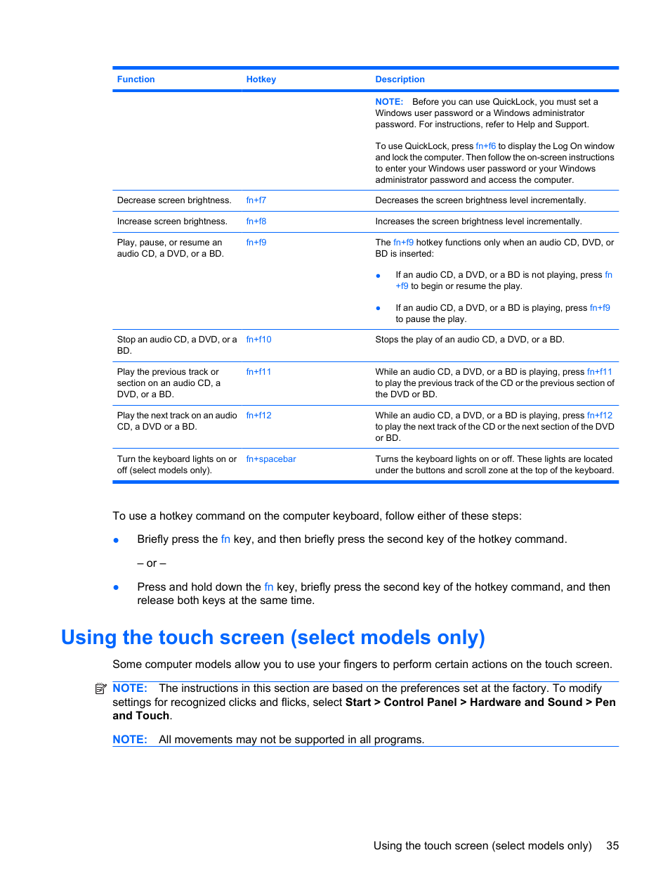 Using the touch screen (select models only) | HP Pavilion dv3-2202tu Entertainment Notebook PC User Manual | Page 45 / 138