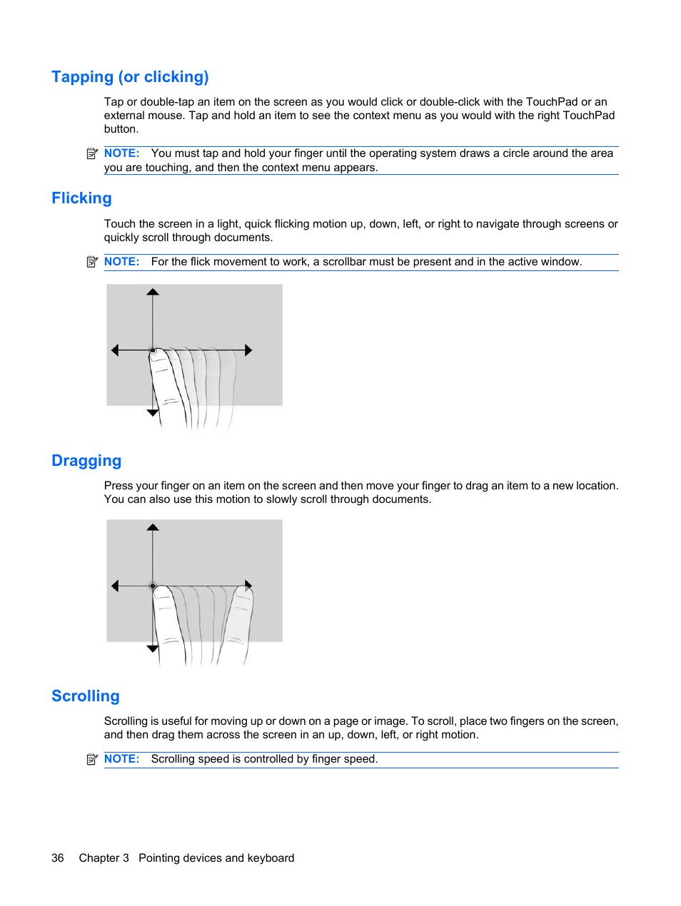 Tapping (or clicking), Flicking, Dragging | Scrolling, Tapping (or clicking) flicking dragging scrolling | HP Pavilion dv3-2202tu Entertainment Notebook PC User Manual | Page 46 / 138