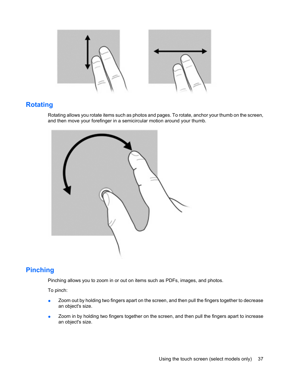 Rotating, Pinching, Rotating pinching | HP Pavilion dv3-2202tu Entertainment Notebook PC User Manual | Page 47 / 138